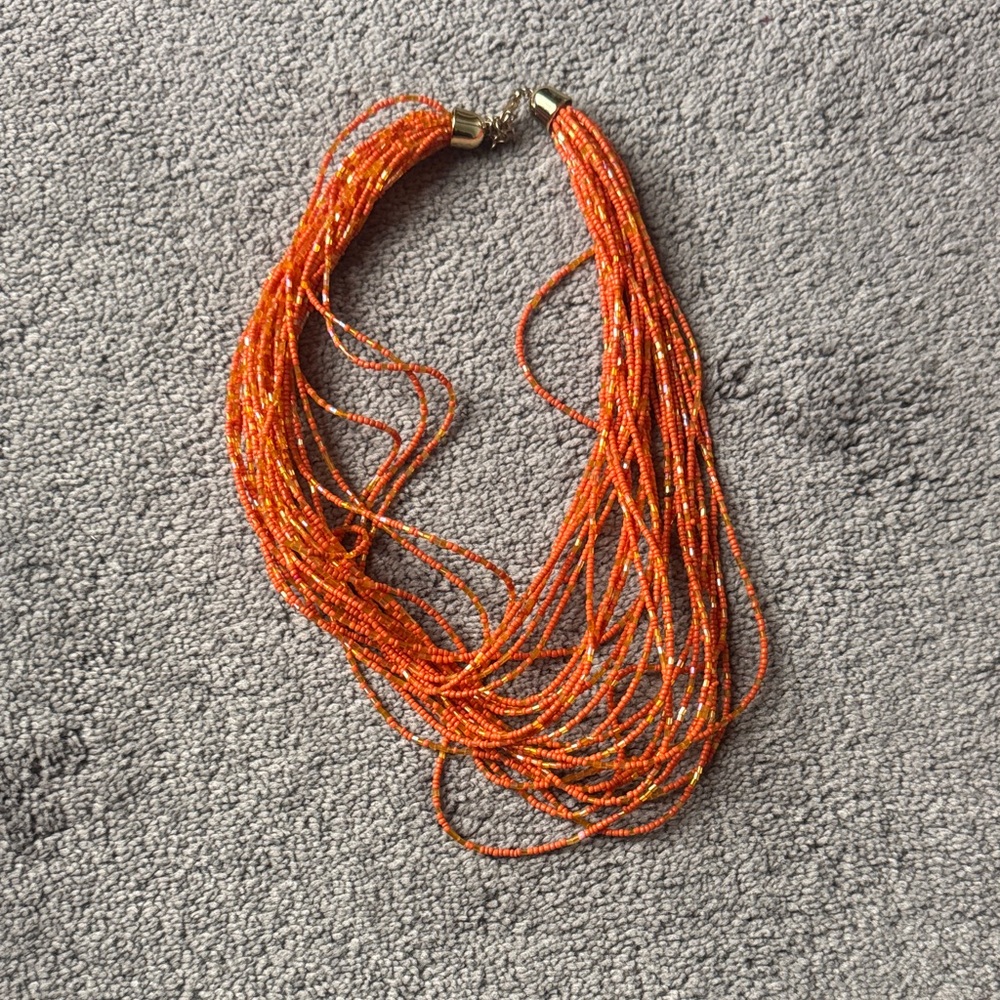 Orange Seed Bead Multi Strand Statement Necklace Boho Layered Jewelry